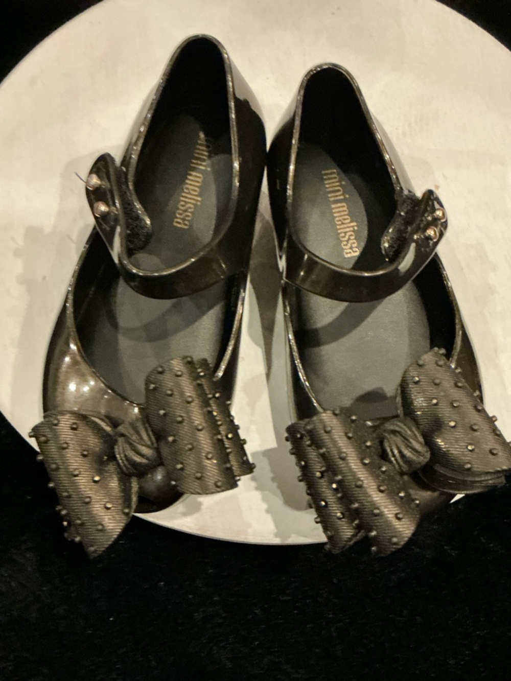 Mini Melissa Girls' Black Glossy Mary Jane with Studded Bow